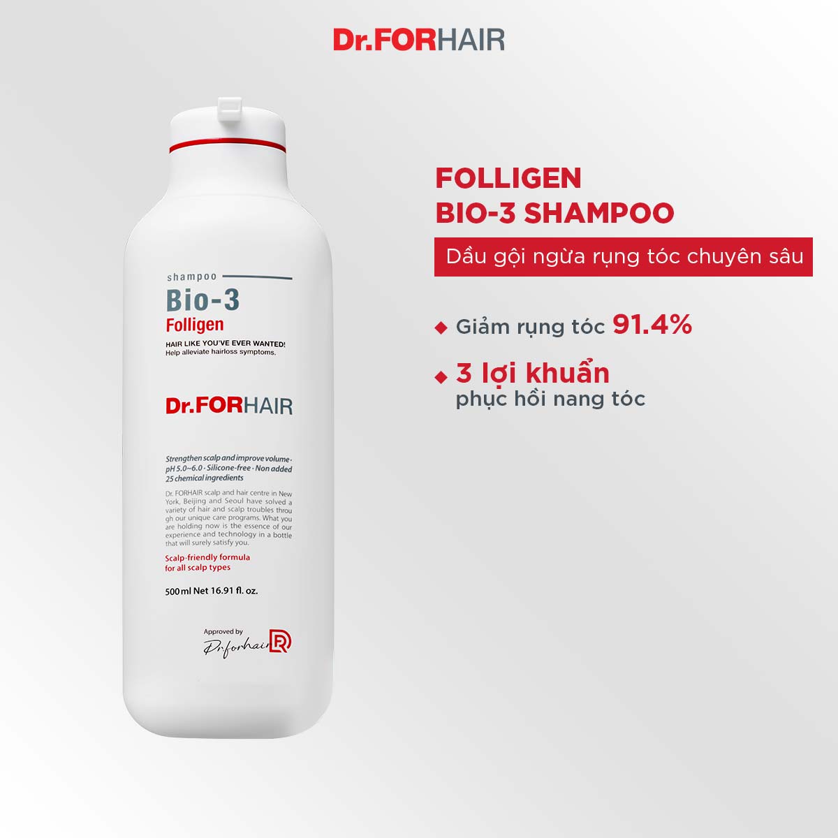 Dầu gội ngăn ngừa rụng tóc chuyên sâu Dr.FORHAIR FOLLIGEN BIO-3 500ml