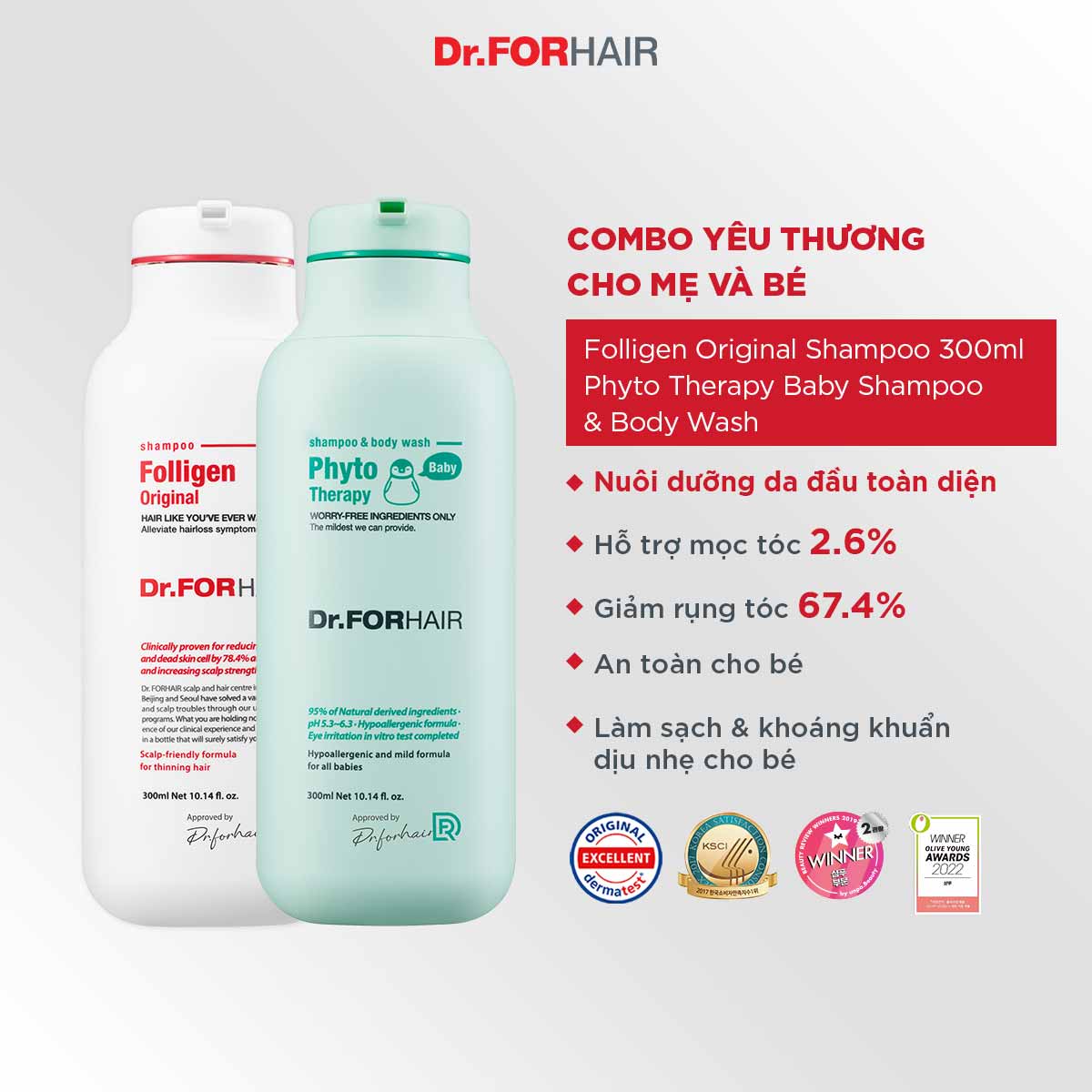 Bộ dầu gội cho mẹ và tắm gội cho bé Dr.FORHAIR FOLLIGEN ORIGINAL SHAMPOO x PHYTO THERAPY BABY SHAMPOO & BODY WASH