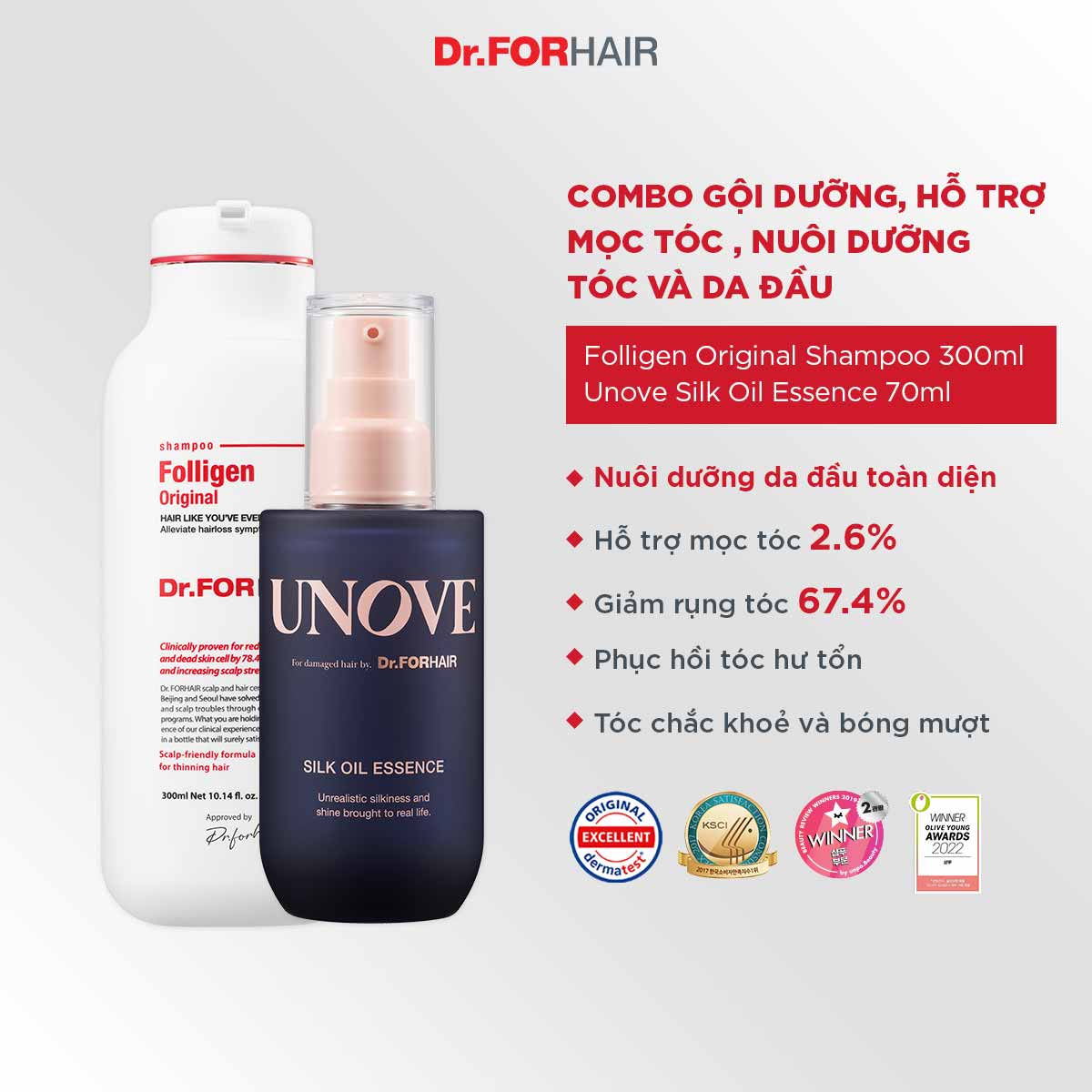 Bộ gội dưỡng hỗ trợ mọc tóc, nuôi dưỡng tóc và da đầu Dr.FORHAIR FOLLIGEN ORIGINAL SHAMPOO x UNOVE SILK OIL ESSENCE