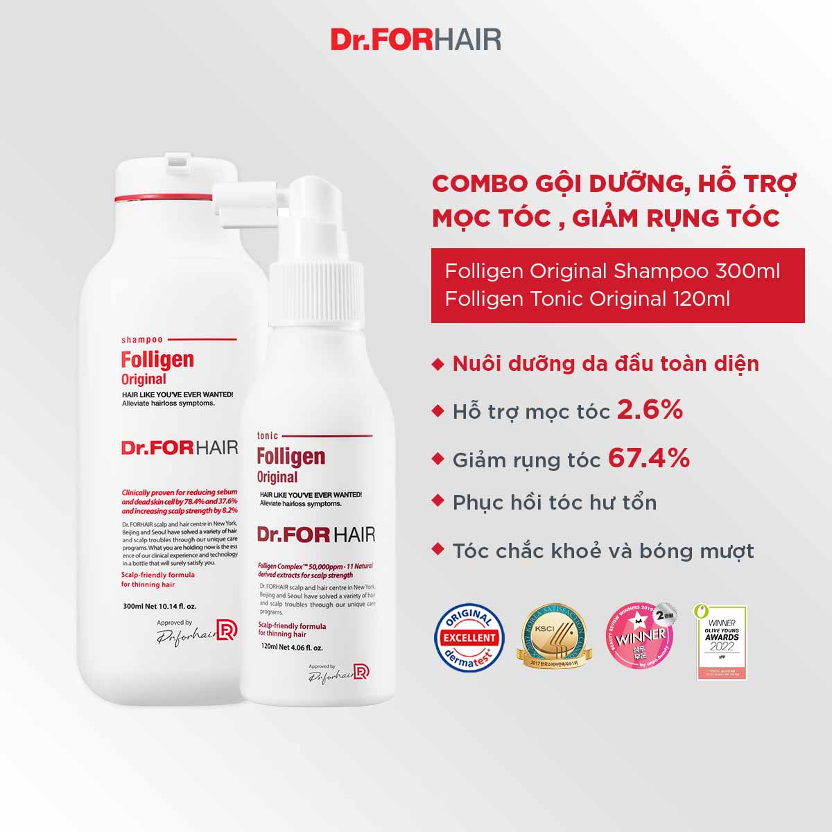 Bộ gội xịt dưỡng nuôi dưỡng da đầu, hỗ trợ mọc tóc, giảm rụng tóc Dr.FORHAIR FOLLIGEN ORIGINAL x FOLLIGEN TONIC ORIGINAL