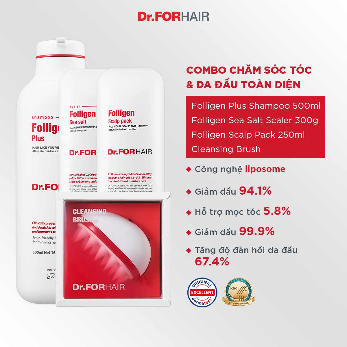 Bộ chăm sóc tóc và da dầu toàn diện tại nhà Dr.FORHAIR FOLLIGEN PLUS x FOLLIGEN SCALP PACK x FOLLIGEN SEA SALT SCALER x CLEANSING BRUSH