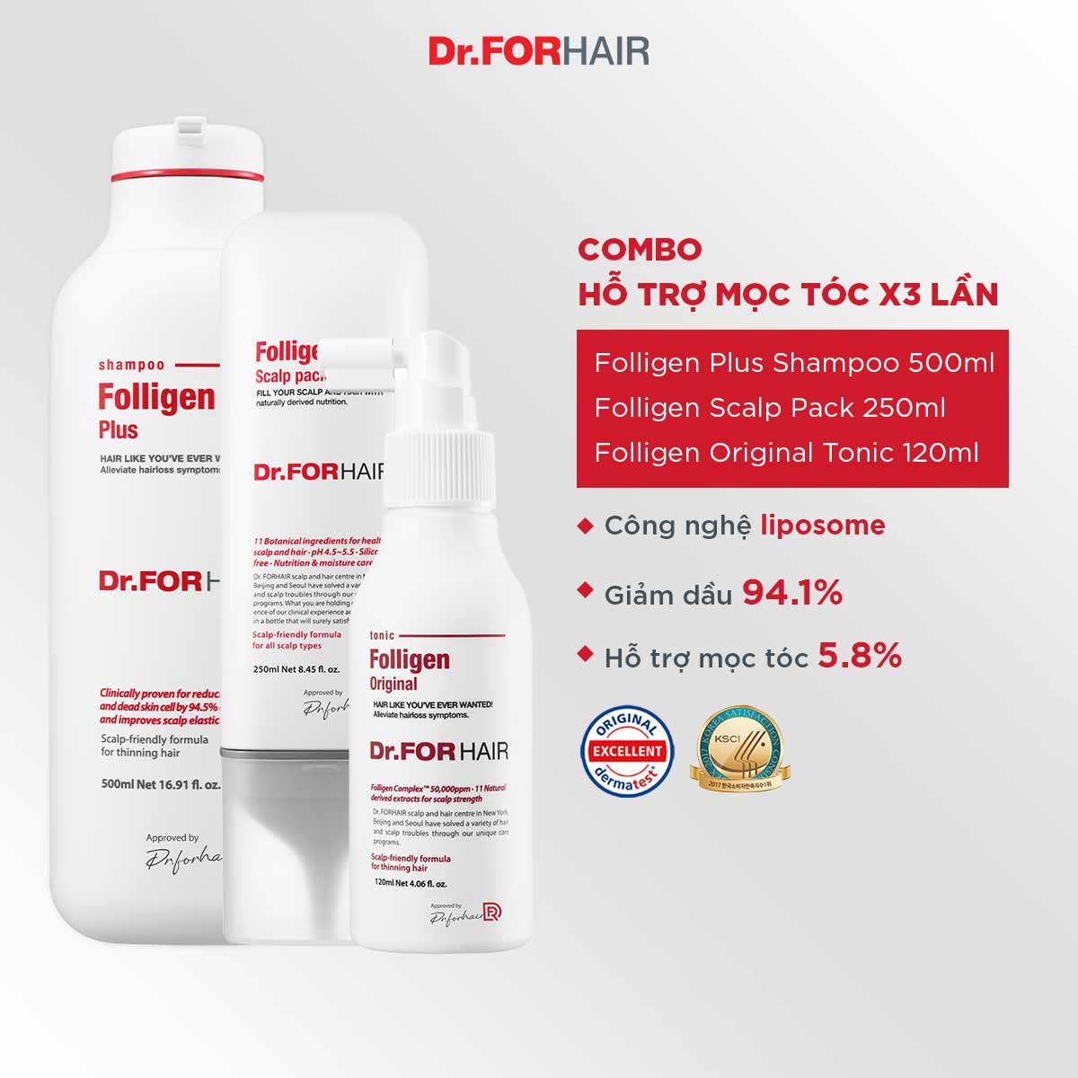 Bộ gội xả dưỡng hỗ trợ mọc tóc, nuôi dưỡng da đầu khỏe mạnh của Dr.FORHAIR FOLLIGEN PLUS x FOLLIGEN SCALP PACK x FOLLIGEN ORIGINAL TONIC