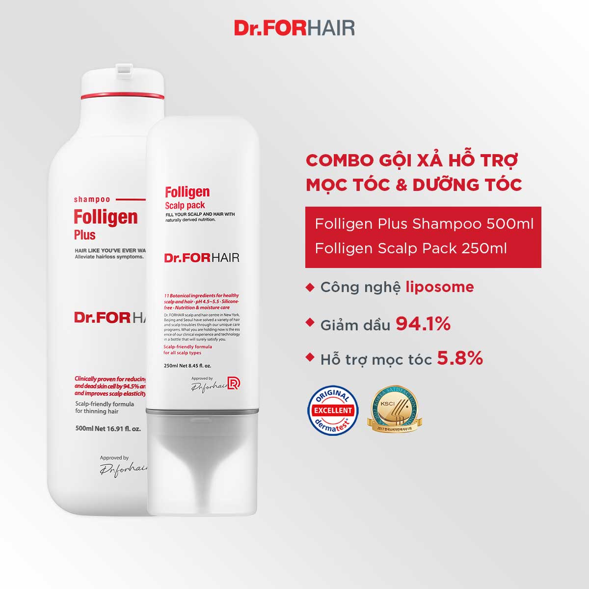 Bộ gội xả dưỡng da đầu giúp hỗ trợ mọc tóc Dr.FORHAIR FOLLIGEN PLUS SHAMPOO x FOLLIGEN SCALP PACK