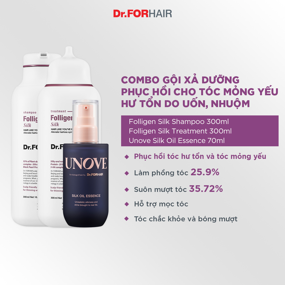 Bộ gội xả dưỡng phục hồi cho tóc mỏng yếu, hư tổn do uốn, nhuộm Dr.FORHAIR FOLLIGEN SILK x FOLLIGEN SILK TREATMENT x UNOVE SILK OIL ESSENCE