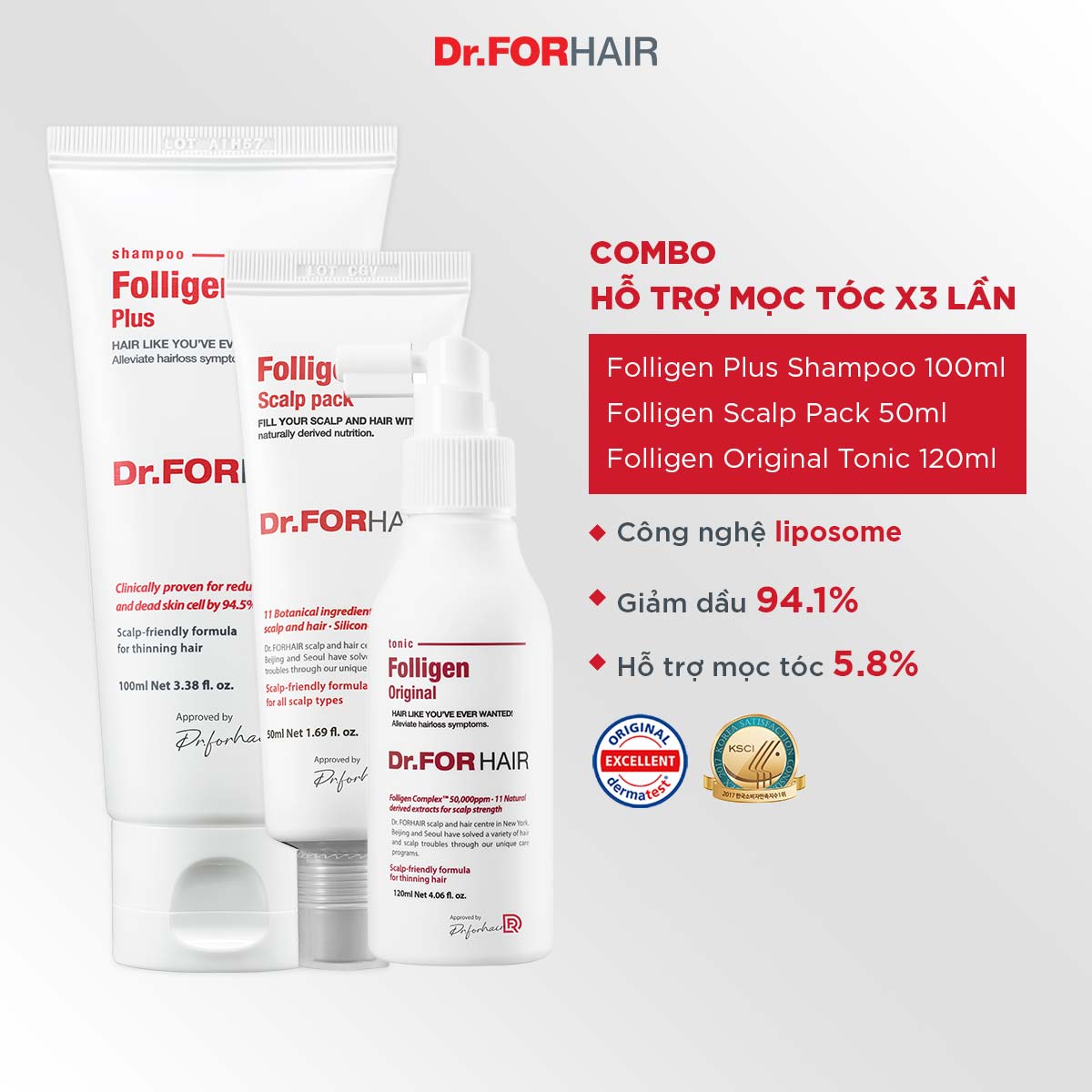 Bộ gội xả dưỡng mini hỗ trợ mọc tóc, nuôi dưỡng da đầu khỏe mạnh của Dr.FORHAIR FOLLIGEN PLUS x FOLLIGEN SCALP PACK x FOLLIGEN ORIGINAL TONIC