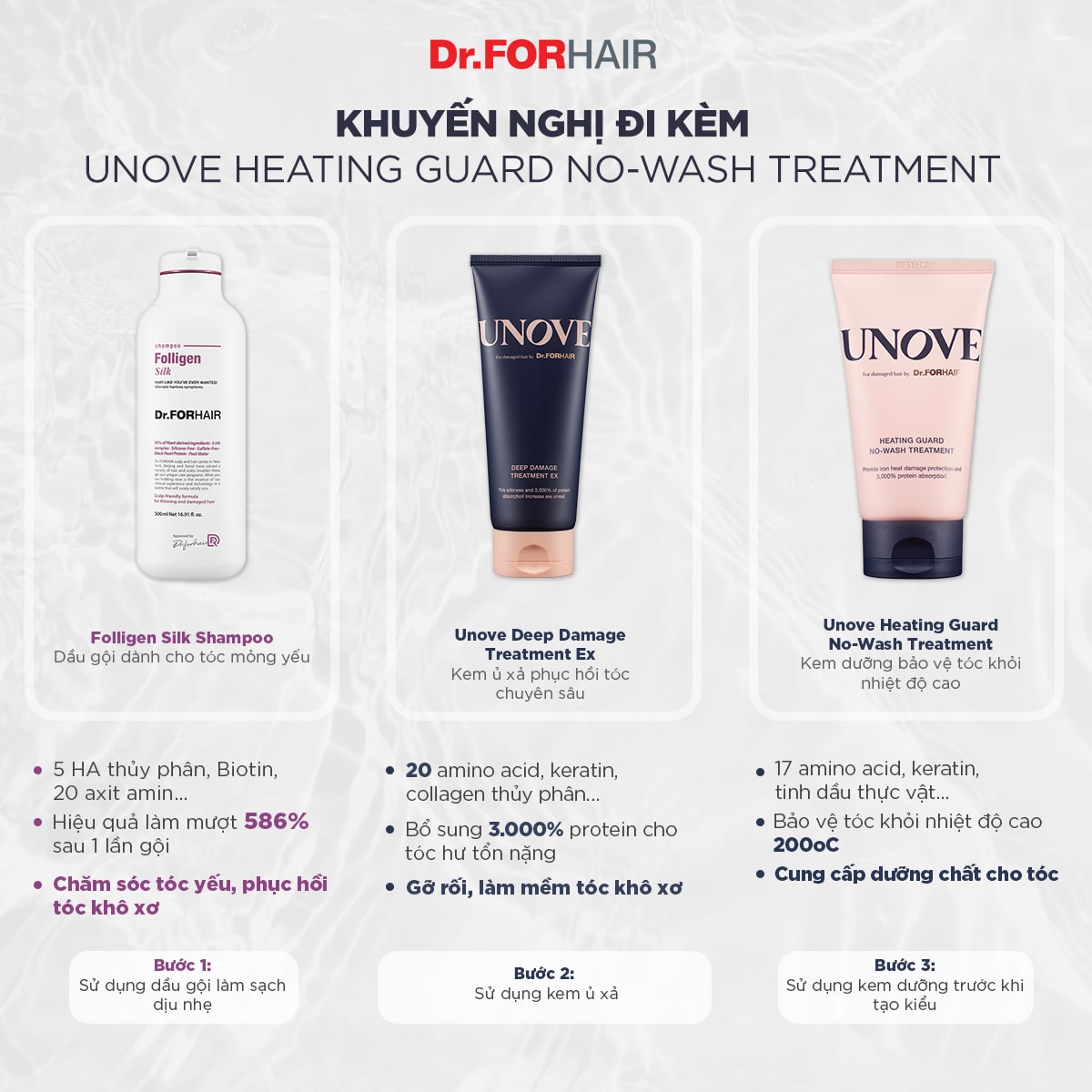 folligen silk shampoo x unove deep damage treatment ex x unove heating guard no-wash treatment