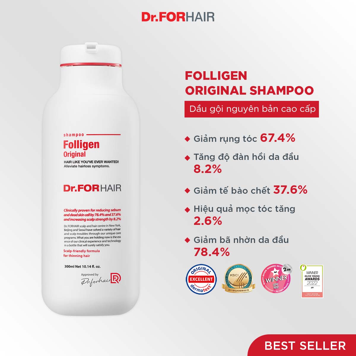 Dầu gội nguyên bản cao cấp, chăm sóc da đầu toàn diện, hỗ trợ mọc tóc Dr.FORHAIR FOLLIGEN ORIGINAL 300ml