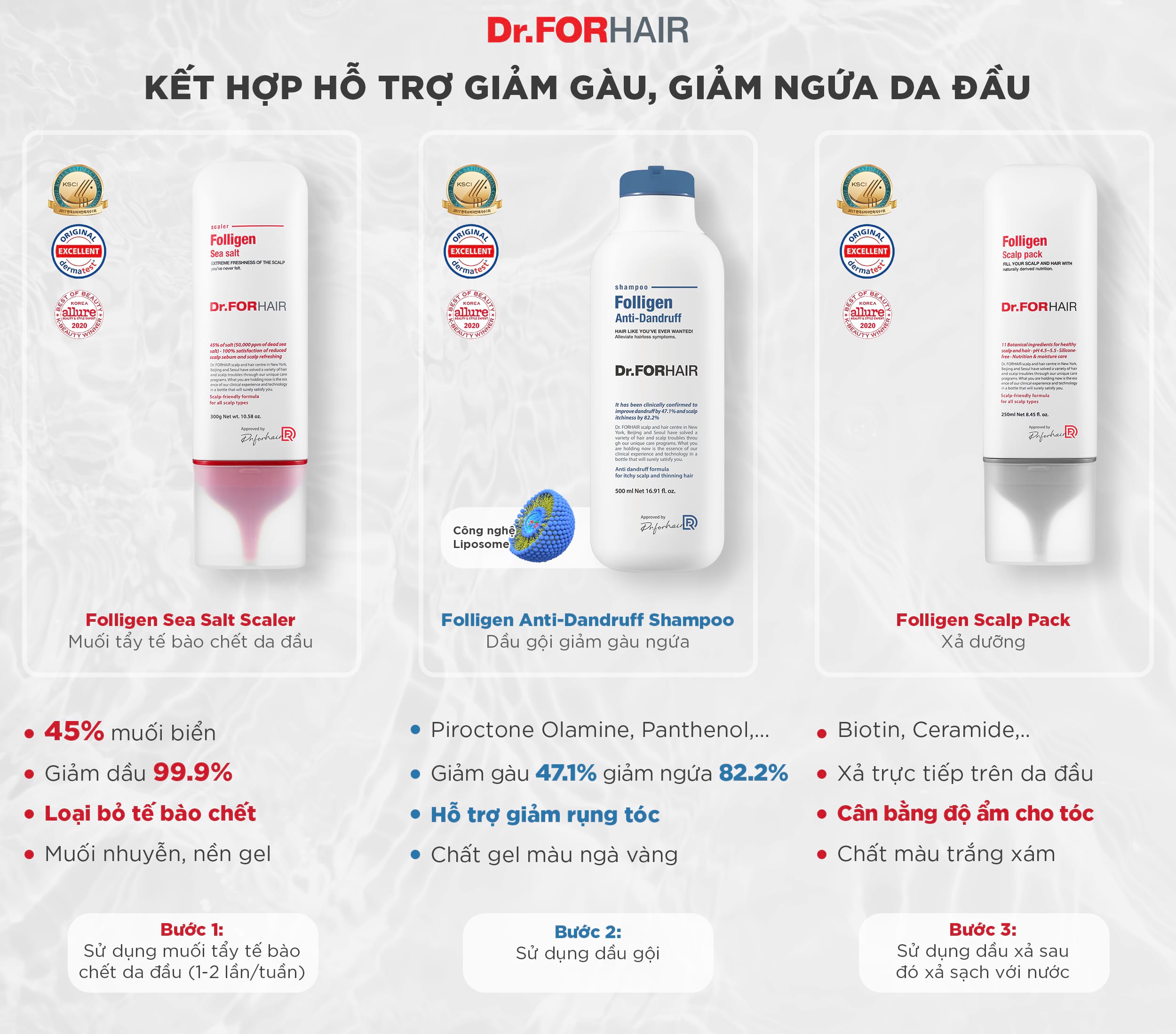 Dùng kết hợp dầu gội Folligen Anti-Dandruff với muối tẩy tế bào chết Folligen Sea Salt Scaler và xả dưỡng Folligen Scalp Pack