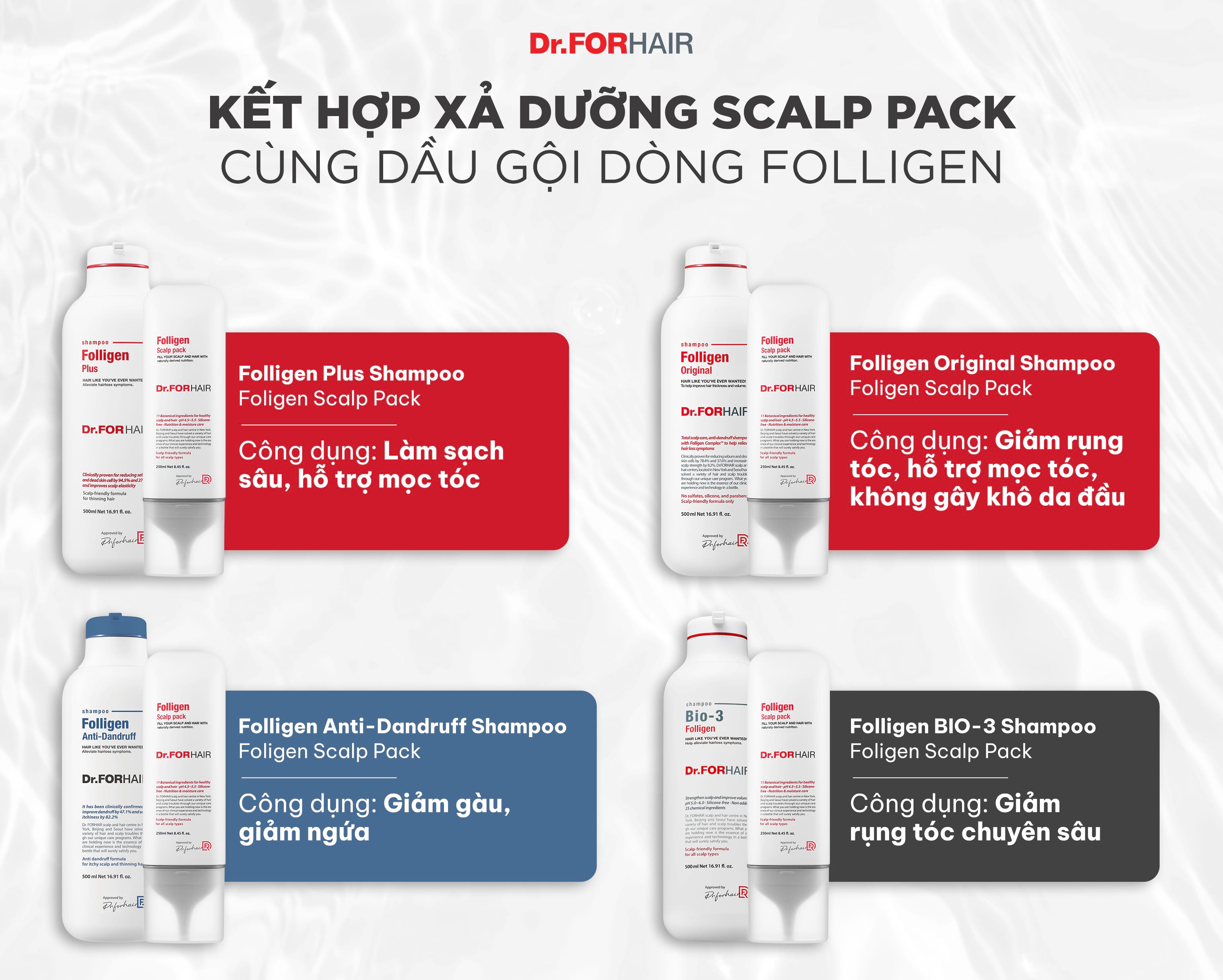 xả dưỡng Folligen Scalp Pack cùng Folligen Plus, Folligen Original, Folligen Anti-Dandruff, Folligen Bio-3
